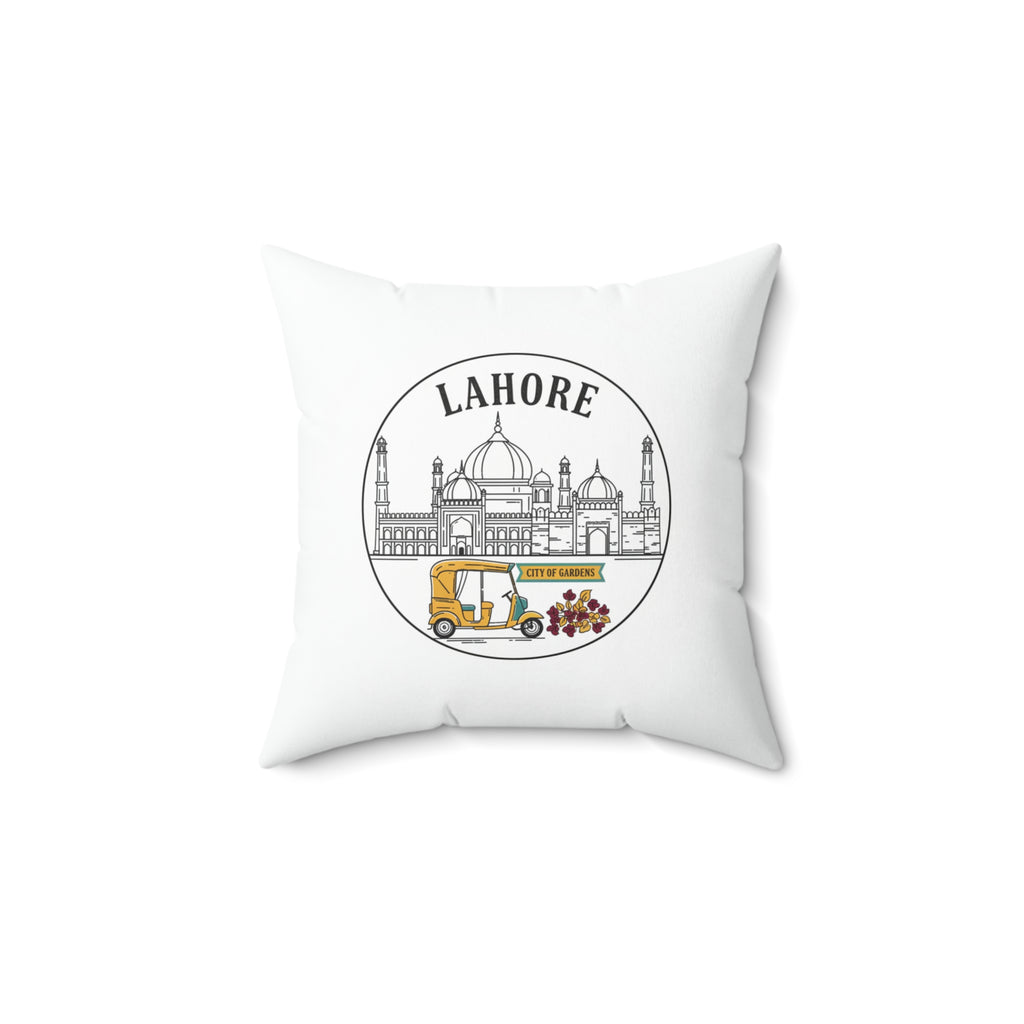 Lahore Skyline Decorative Pillow — Pakistani Cityscape with Rickshaw Accent
