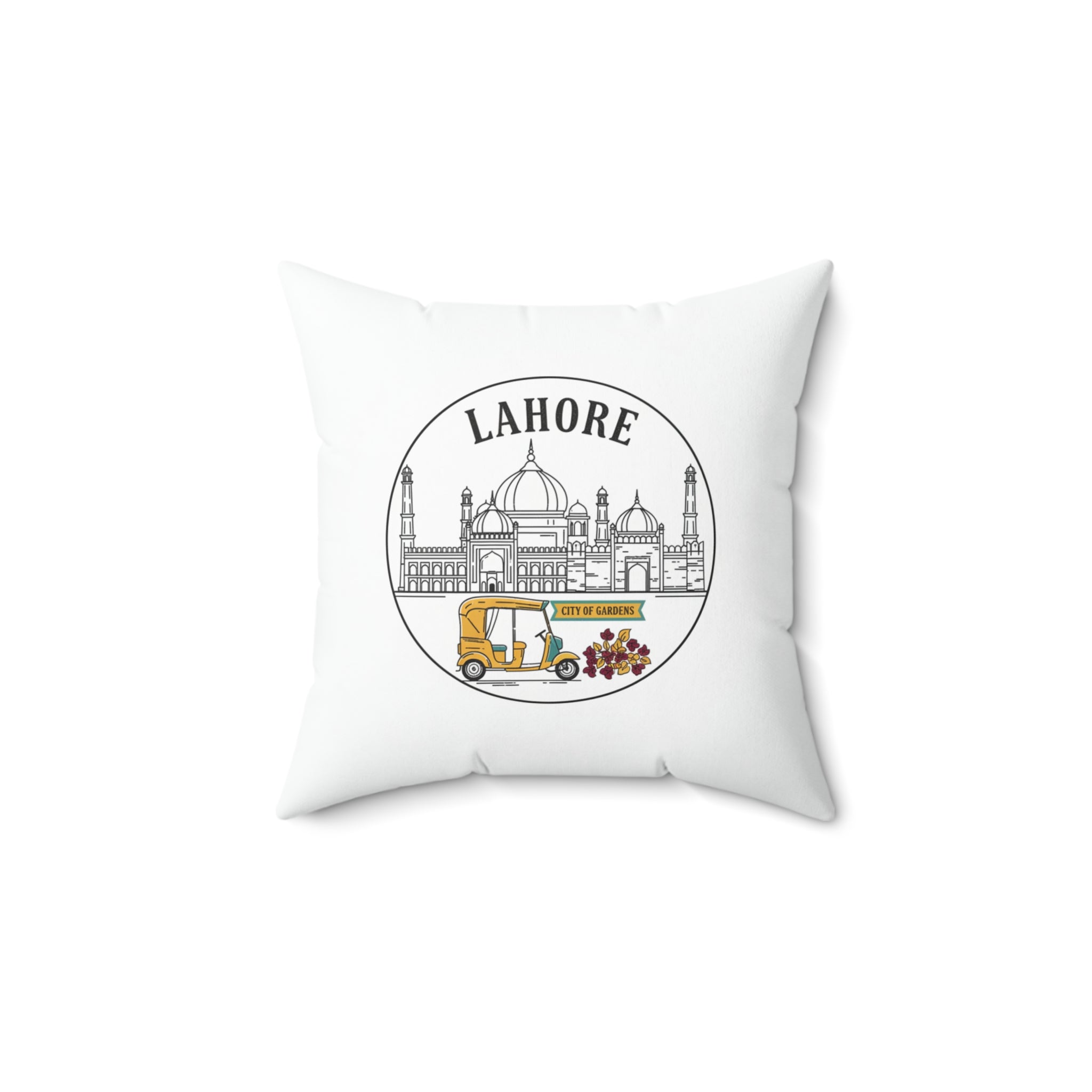 Lahore Skyline Decorative Pillow — Pakistani Cityscape with Rickshaw Accent