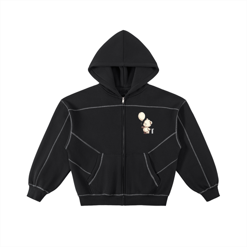 Contrast-Stitched Boxy Fleece Unisex Zip Hoodie