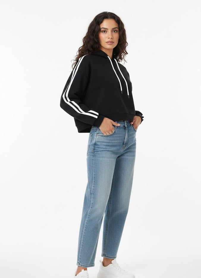 Contrast Side Stripe Cropped  Hoodie